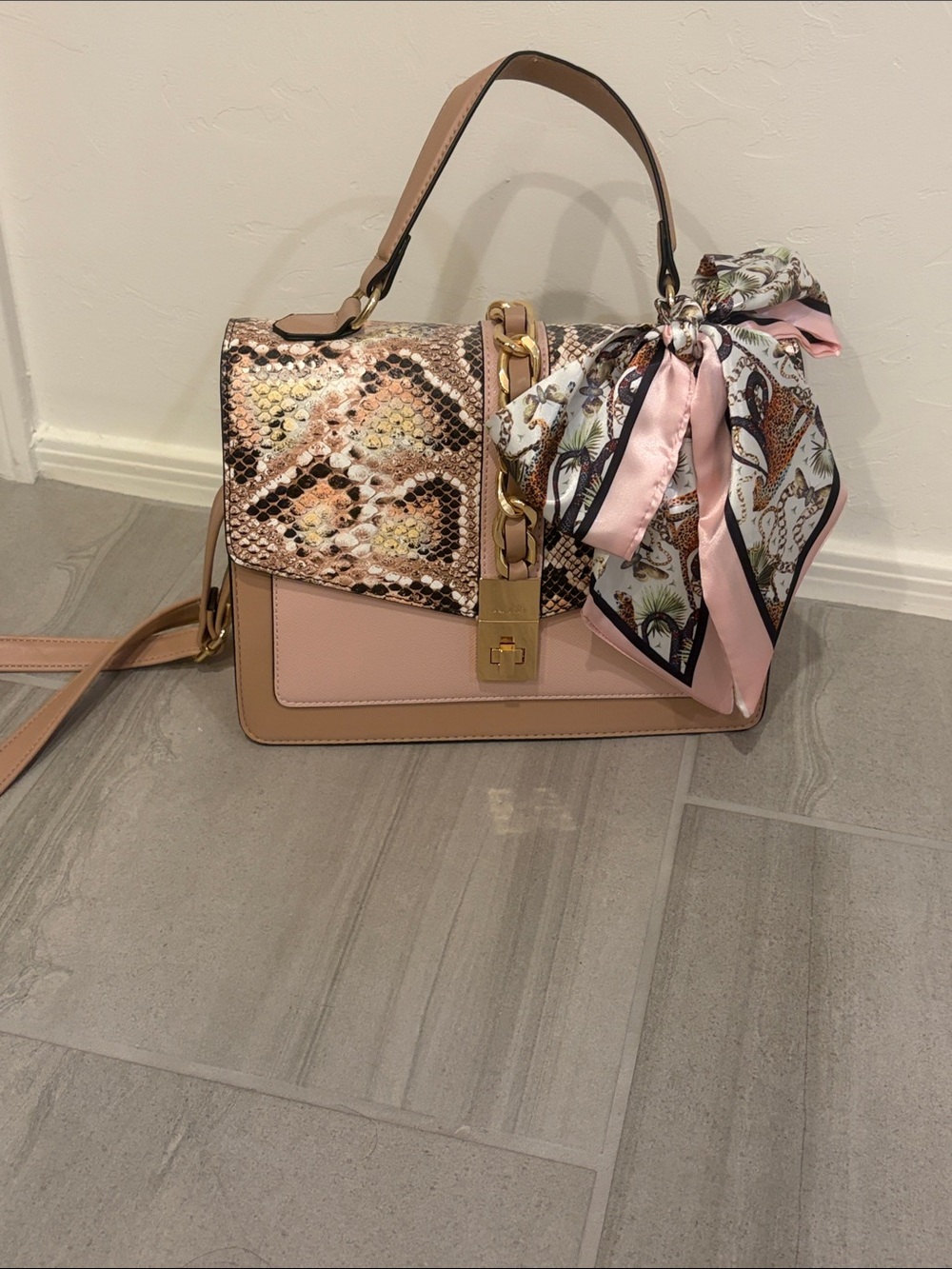 Aldo Pink Snake-Print Top-Handle Satchel with Scarf